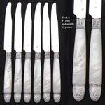 Antique French Silver & Mother of Pearl 6pc 8" Knife Set, Swan Figures