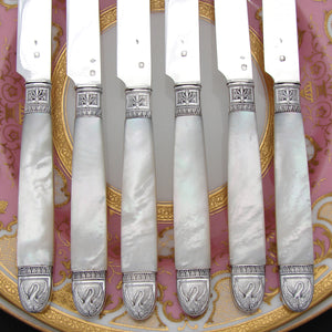 Antique French Silver & Mother of Pearl 6pc 8" Knife Set, Swan Figures