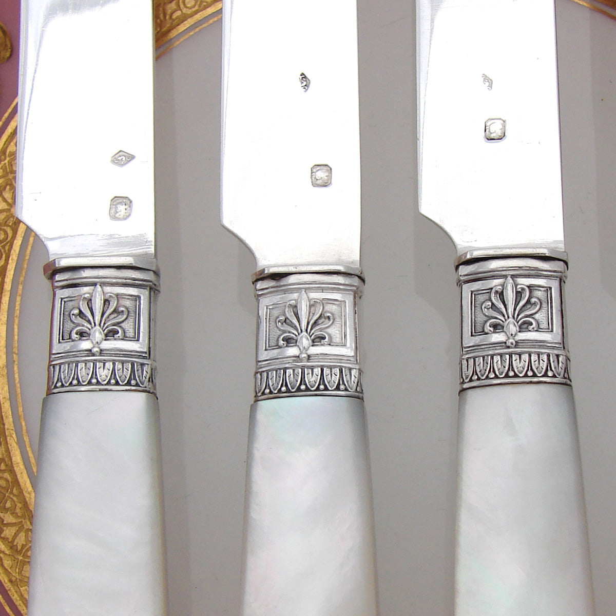 Antique French Silver & Mother of Pearl 6pc 8" Knife Set, Swan Figures