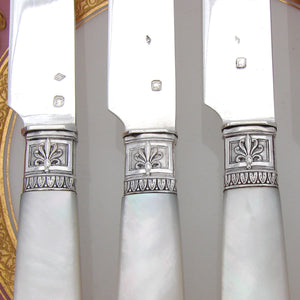 Antique French Silver & Mother of Pearl 6pc 8" Knife Set, Swan Figures