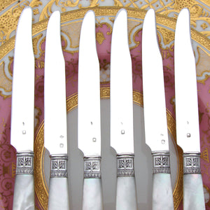 Antique French Silver & Mother of Pearl 6pc 8" Knife Set, Swan Figures