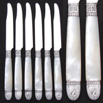 Antique French Silver & Mother of Pearl 6pc 8" Knife Set, Swan Figures