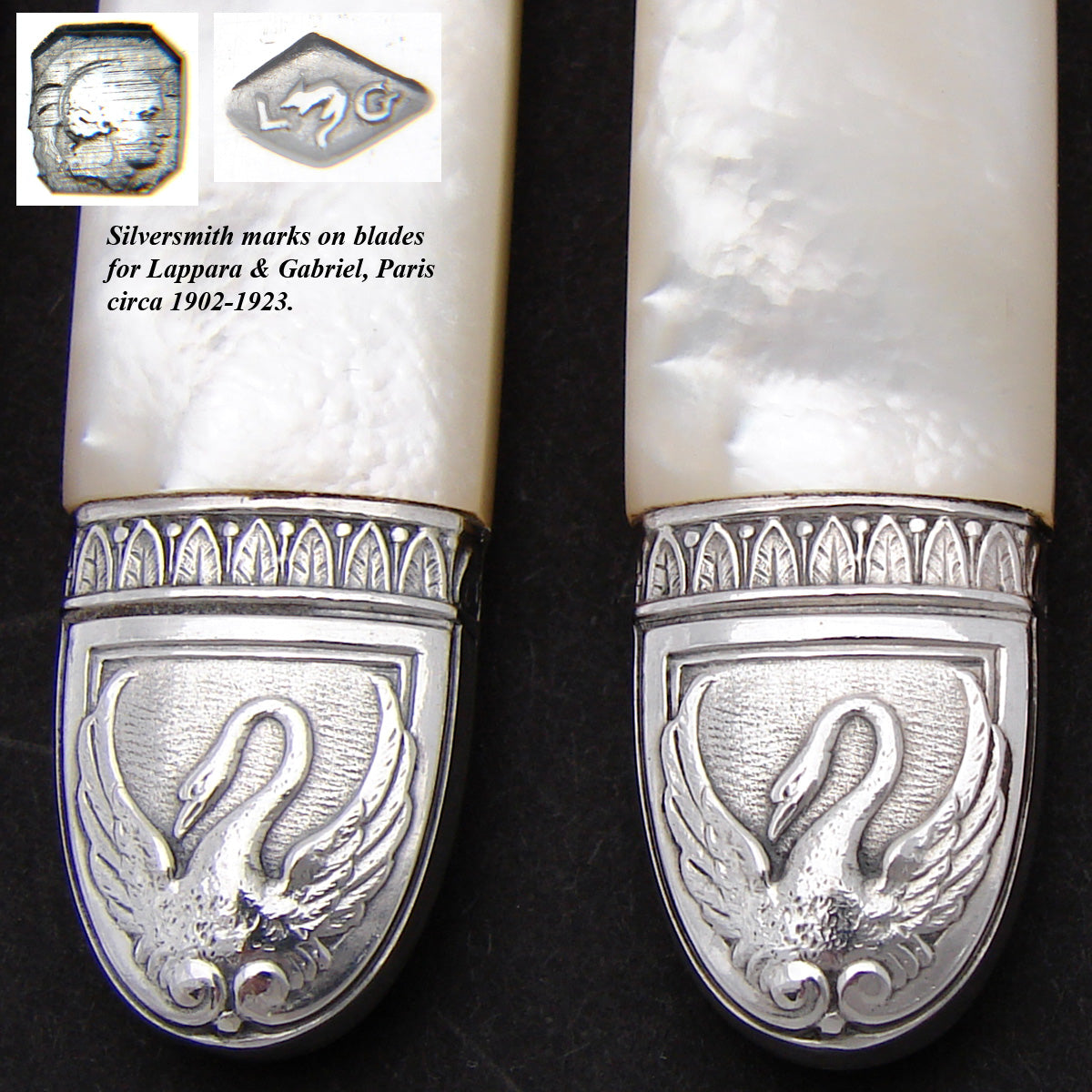 Antique French Silver & Mother of Pearl 6pc 8" Knife Set, Swan Figures