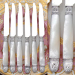 Antique French Silver & Mother of Pearl 6pc 8" Knife Set, Swan Figures