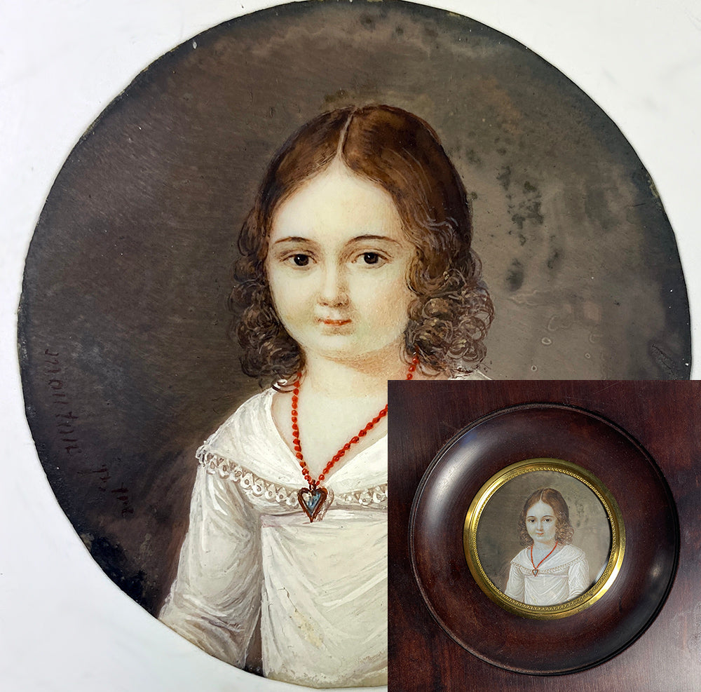 Sweet Antique French Portrait Miniature of a Young Girl, Child with Red Coral Necklace