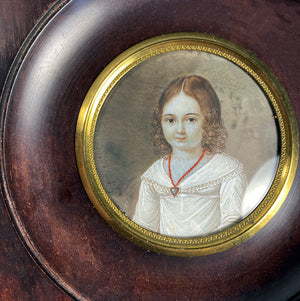 Sweet Antique French Portrait Miniature of a Young Girl, Child with Red Coral Necklace