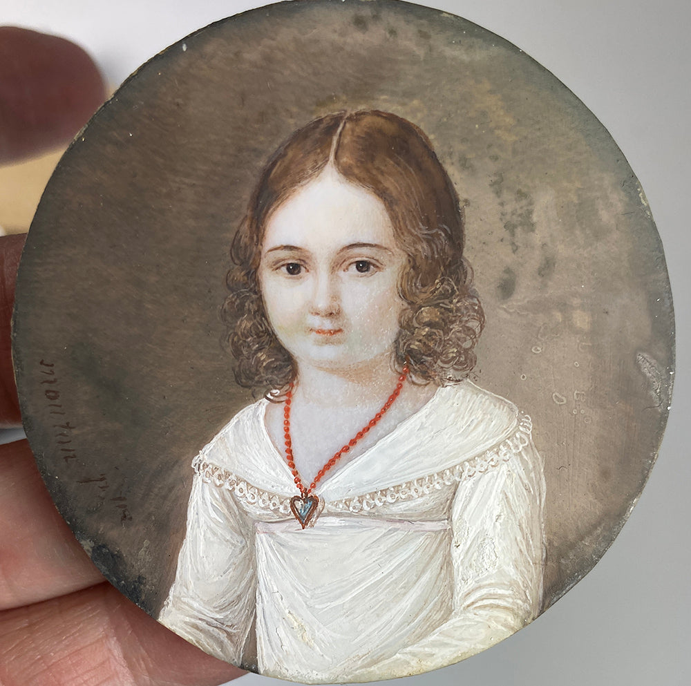 Sweet Antique French Portrait Miniature of a Young Girl, Child with Red Coral Necklace