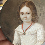 Sweet Antique French Portrait Miniature of a Young Girl, Child with Red Coral Necklace