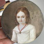 Sweet Antique French Portrait Miniature of a Young Girl, Child with Red Coral Necklace