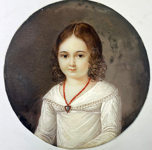 Sweet Antique French Portrait Miniature of a Young Girl, Child with Red Coral Necklace