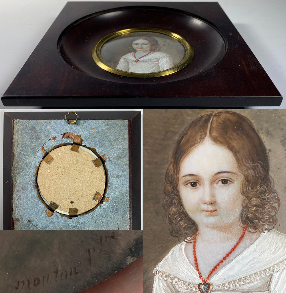 Sweet Antique French Portrait Miniature of a Young Girl, Child with Red Coral Necklace