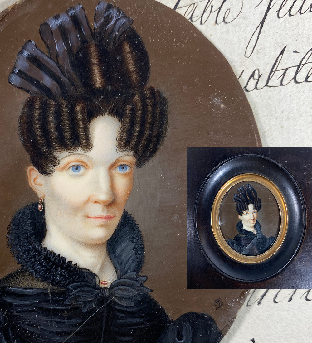 Antique French Portrait Miniature, c.1827-30 Woman in Bottle Curls, Ribbon Hair Ornament, Seed Pearl Jewelry
