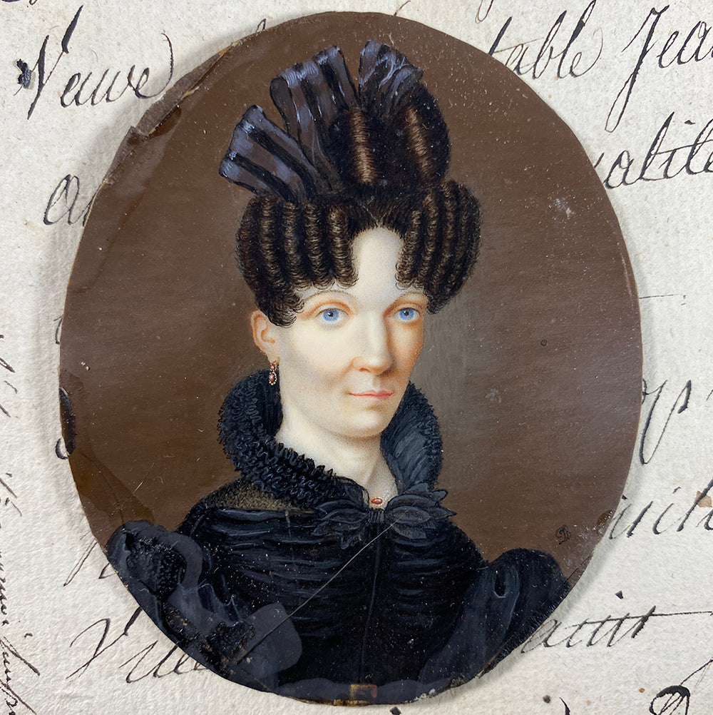 Antique French Portrait Miniature, c.1827-30 Woman in Bottle Curls, Ribbon Hair Ornament, Seed Pearl Jewelry