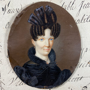 Antique French Portrait Miniature, c.1827-30 Woman in Bottle Curls, Ribbon Hair Ornament, Seed Pearl Jewelry