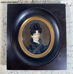 Antique French Portrait Miniature, c.1827-30 Woman in Bottle Curls, Ribbon Hair Ornament, Seed Pearl Jewelry