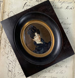 Antique French Portrait Miniature, c.1827-30 Woman in Bottle Curls, Ribbon Hair Ornament, Seed Pearl Jewelry