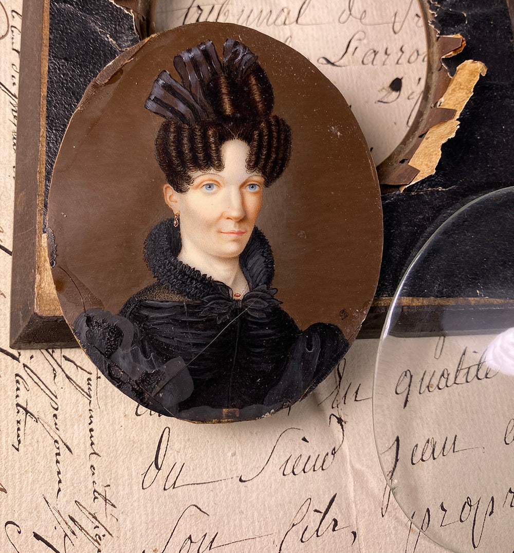 Antique French Portrait Miniature, c.1827-30 Woman in Bottle Curls, Ribbon Hair Ornament, Seed Pearl Jewelry