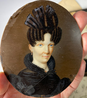 Antique French Portrait Miniature, c.1827-30 Woman in Bottle Curls, Ribbon Hair Ornament, Seed Pearl Jewelry