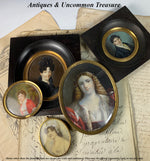 Antique French Portrait Miniature, c.1827-30 Woman in Bottle Curls, Ribbon Hair Ornament, Seed Pearl Jewelry