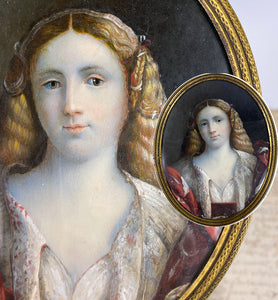 Antique English pre-Raphaelite Portrait Miniature, Beautiful Woman in Costume