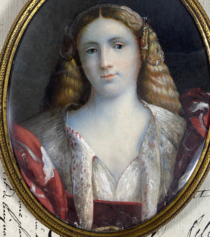 Antique English pre-Raphaelite Portrait Miniature, Beautiful Woman in Costume