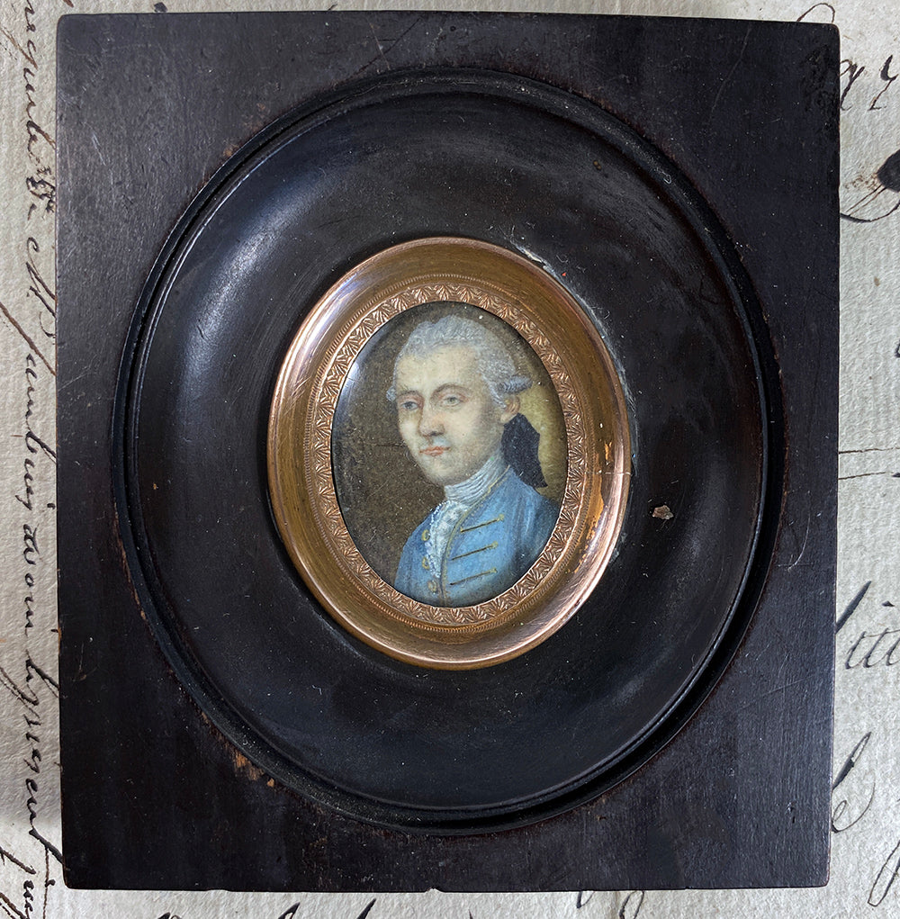 Tiny Gem c.1750s to c.1770s French Portrait Miniature, Gentleman or Military, Powdered Wig