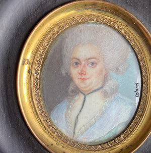 Superb Antique Portrait Miniature, c.1750-70, Woman in Sealed Frame with Framer's Label