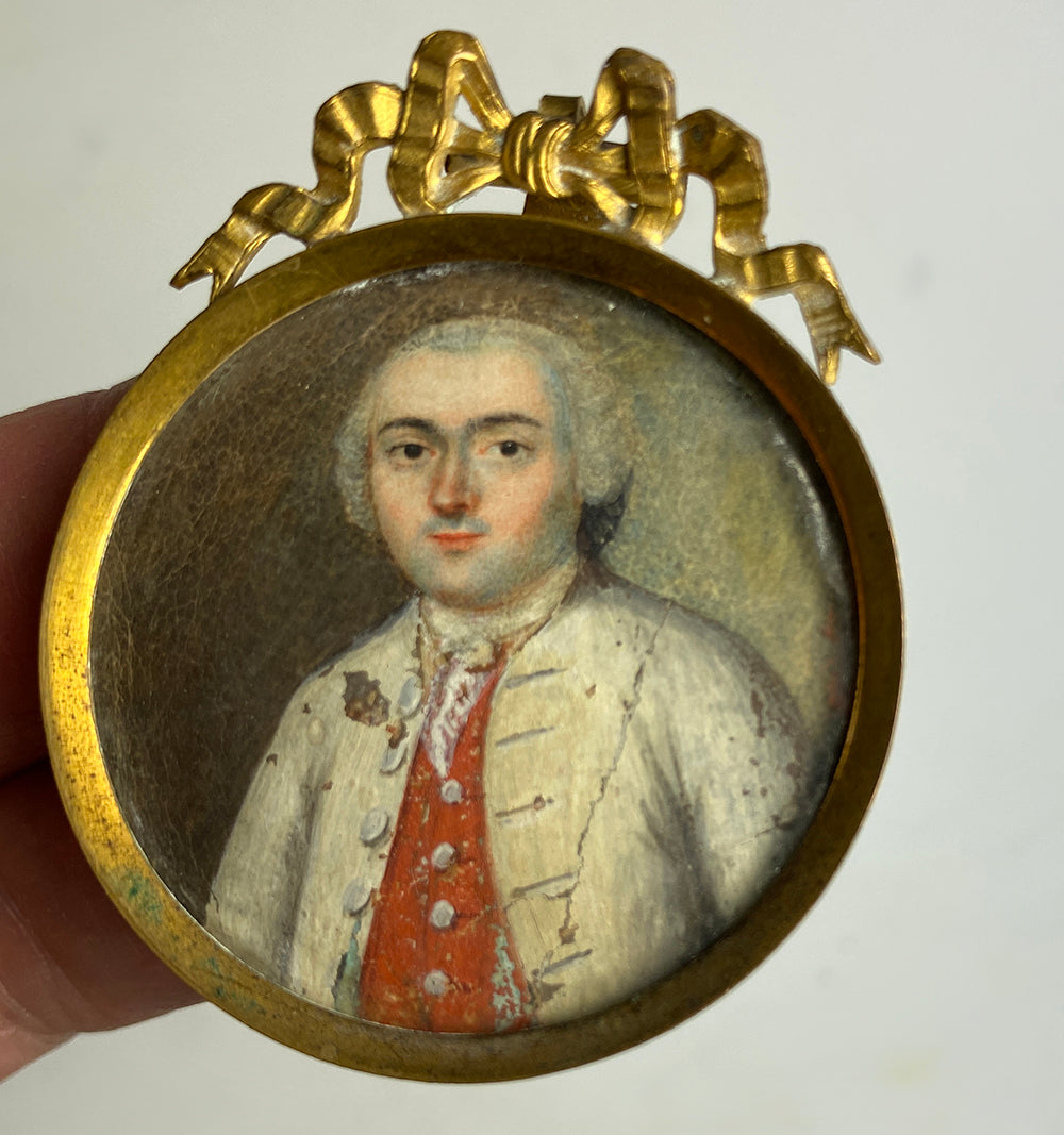 Antique c.1740s HP French Tiny Portrait Miniature, Gem Frame w Bowtop is 1.5" Diameter