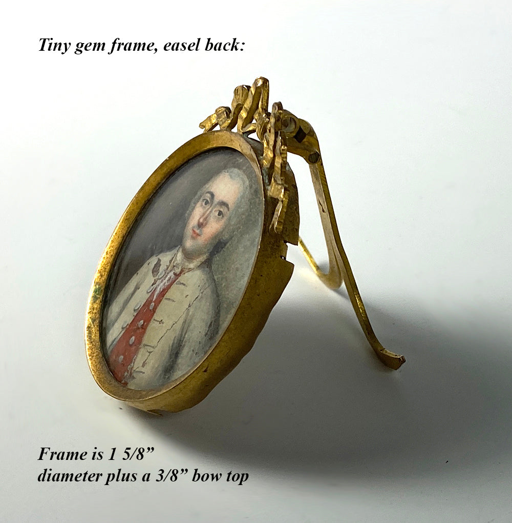Antique c.1740s HP French Tiny Portrait Miniature, Gem Frame w Bowtop is 1.5" Diameter
