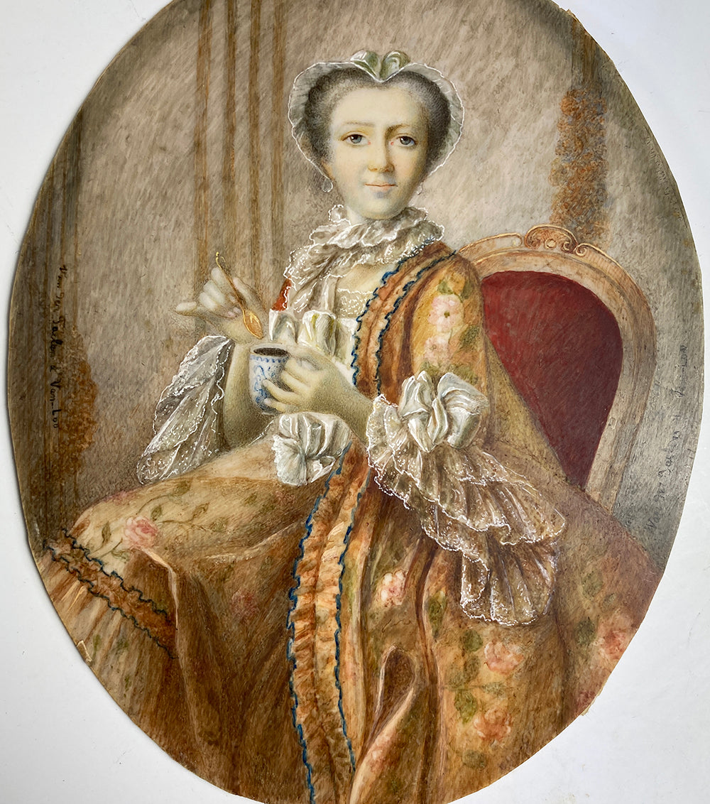 RARE Antique French Portrait Miniature, Madame Pompadour. Louis XV, aprés Charles-André van Loo, (French, 1705-1765)