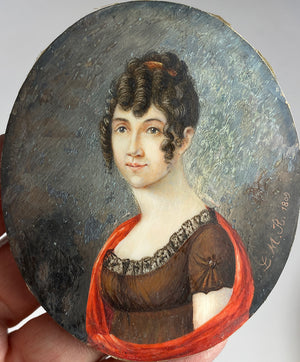 Antique French Woman, Artist Signed c. 1809 Portrait Miniature, Red Sash Royalist, Sig of Guillotine