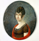 Antique French Woman, Artist Signed c. 1809 Portrait Miniature, Red Sash Royalist, Sig of Guillotine