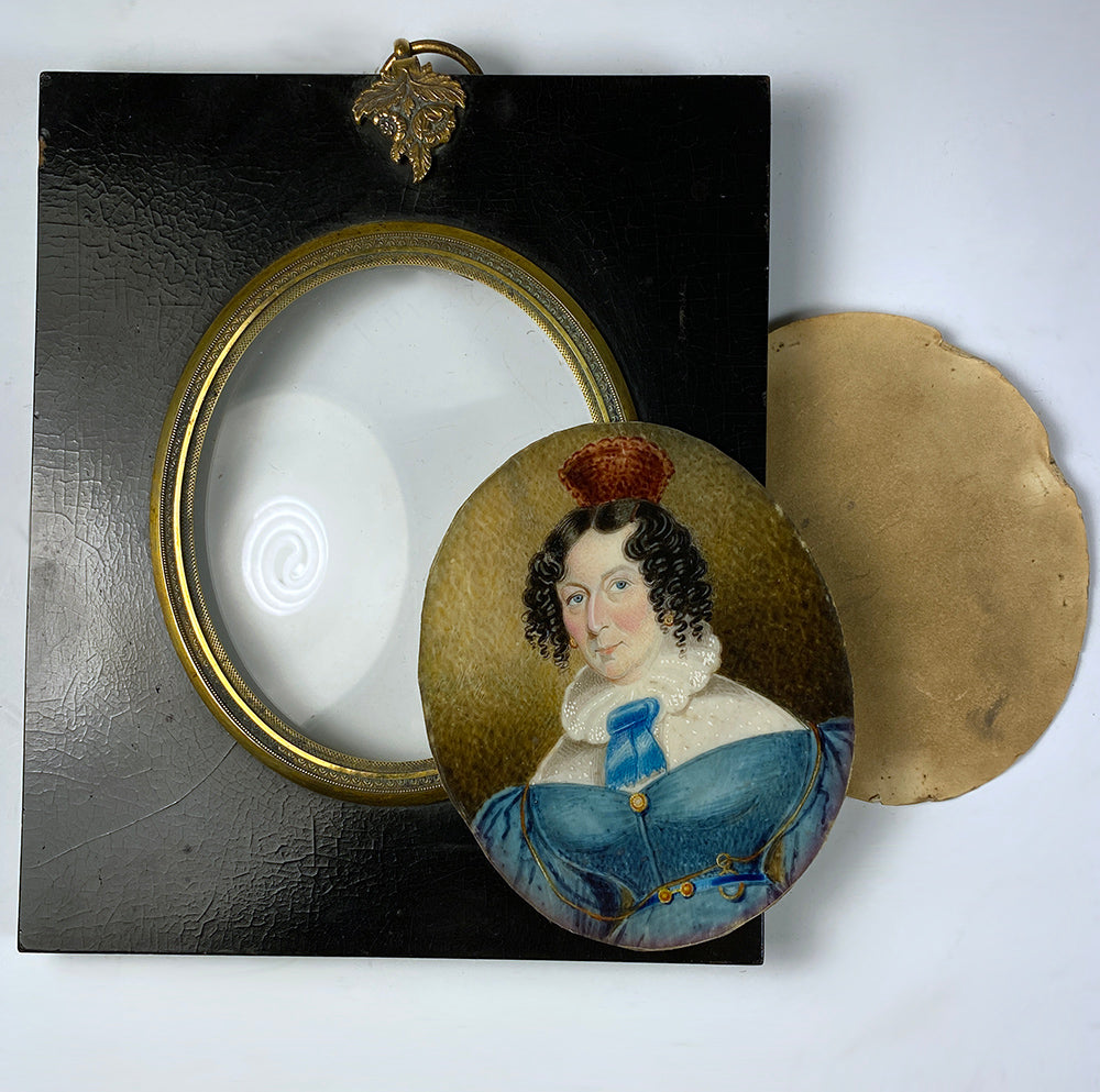 Antique English Portrait Miniature, c.1820-30s, Fashionable Woman with Mantilla Tiara