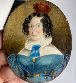 Antique English Portrait Miniature, c.1820-30s, Fashionable Woman with Mantilla Tiara