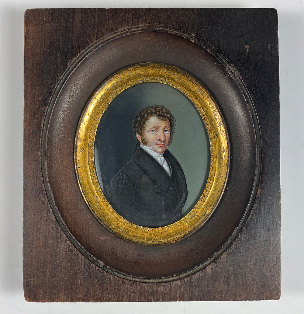 Antique French Portrait Miniature, Very Handsome Man with Mutton Chop Sideburns, c.1830