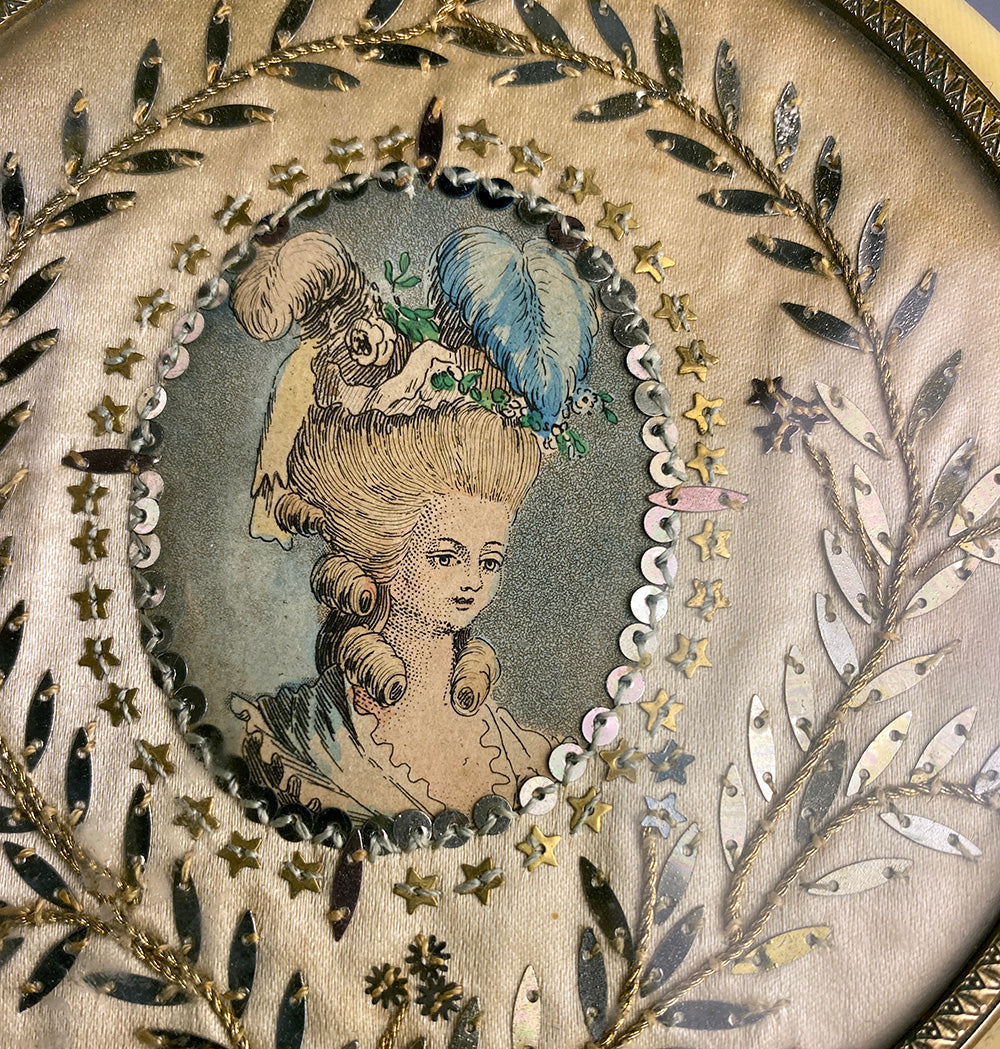 Antique c.1850s French Powder Box, Chocolatier's Bonbon Presentation, Sequins, Portrait Miniature Marie-Antoinette