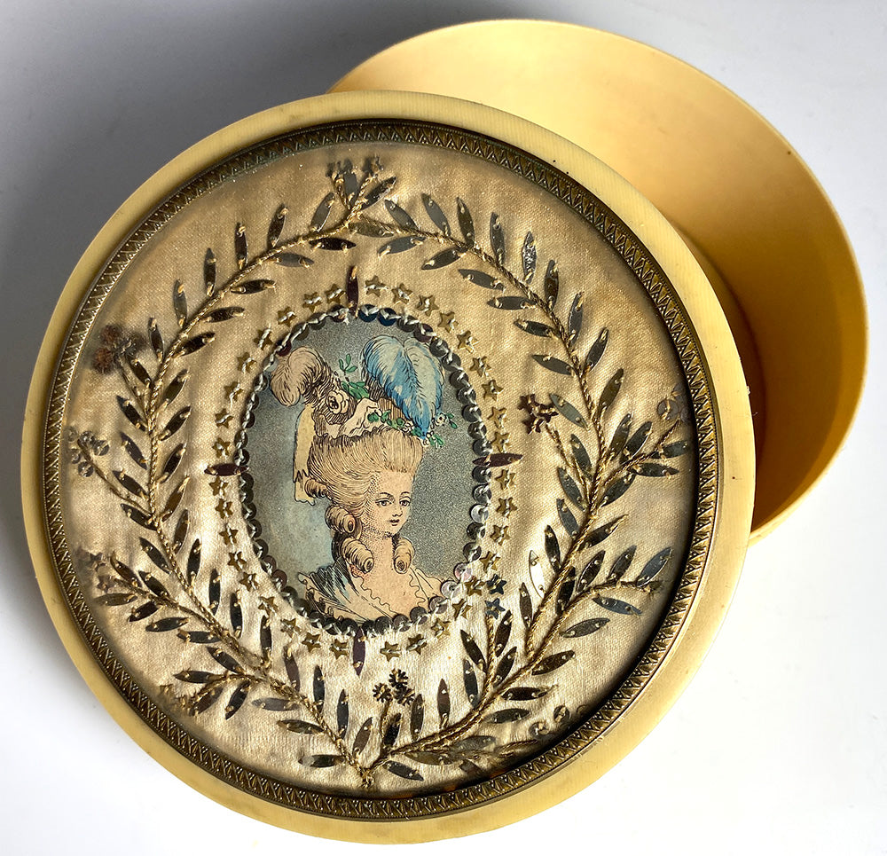 Antique c.1850s French Powder Box, Chocolatier's Bonbon Presentation, Sequins, Portrait Miniature Marie-Antoinette