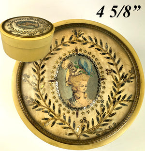 Antique c.1850s French Powder Box, Chocolatier's Bonbon Presentation, Sequins, Portrait Miniature Marie-Antoinette