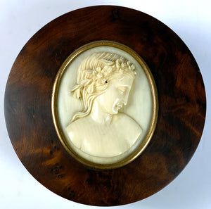 Antique 19th c. Snuff Box, Burled Wood with Fine Italian HC Ivory Cameo Portrait Miniature