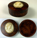 Antique 19th c. Snuff Box, Burled Wood with Fine Italian HC Ivory Cameo Portrait Miniature