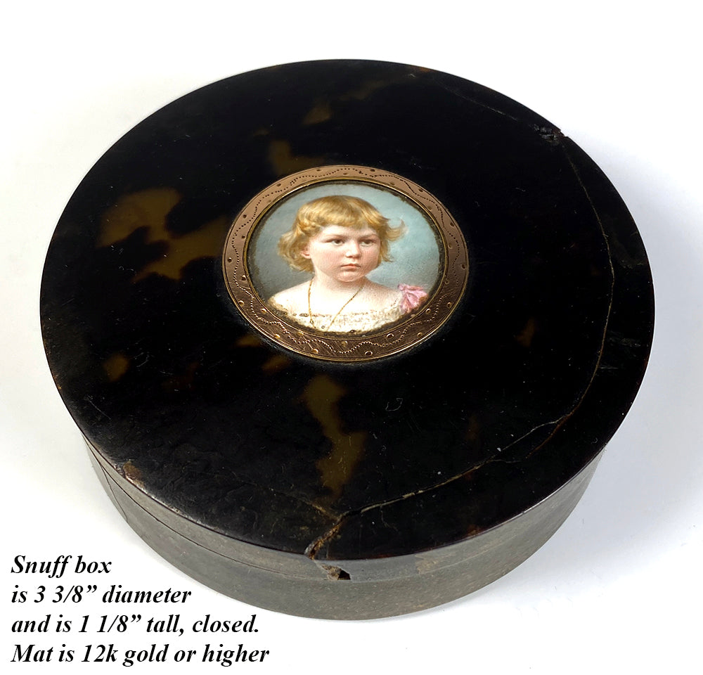 Antique French Kiln-fired Enamel Portrait Miniature of a Child, Little Blond Girl, 12k gold and Tortoise Shell Snuff Box