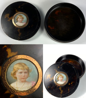 Antique French Kiln-fired Enamel Portrait Miniature of a Child, Little Blond Girl, 12k gold and Tortoise Shell Snuff Box