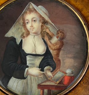 RARE Antique c.1780 French "Naughty" Portrait Miniature, Comtesse de la Mott and Pet Monkey, Snuff Box