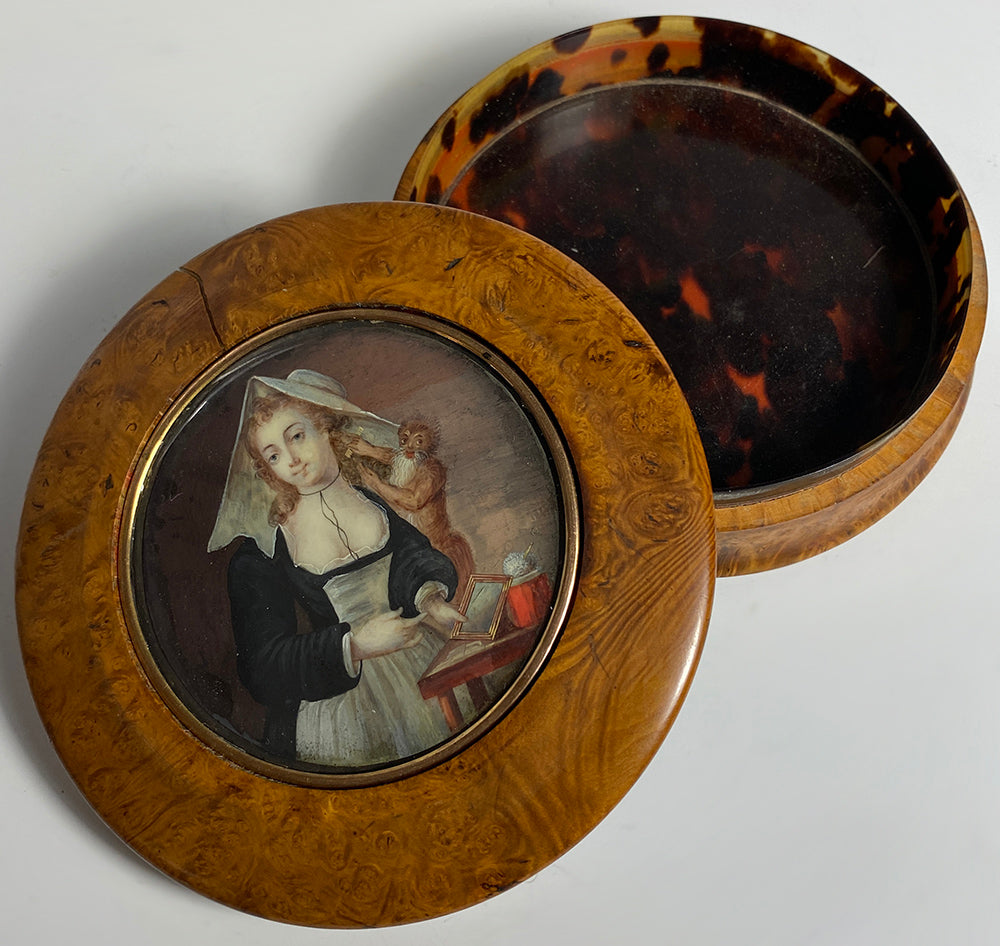 RARE Antique c.1780 French "Naughty" Portrait Miniature, Comtesse de la Mott and Pet Monkey, Snuff Box