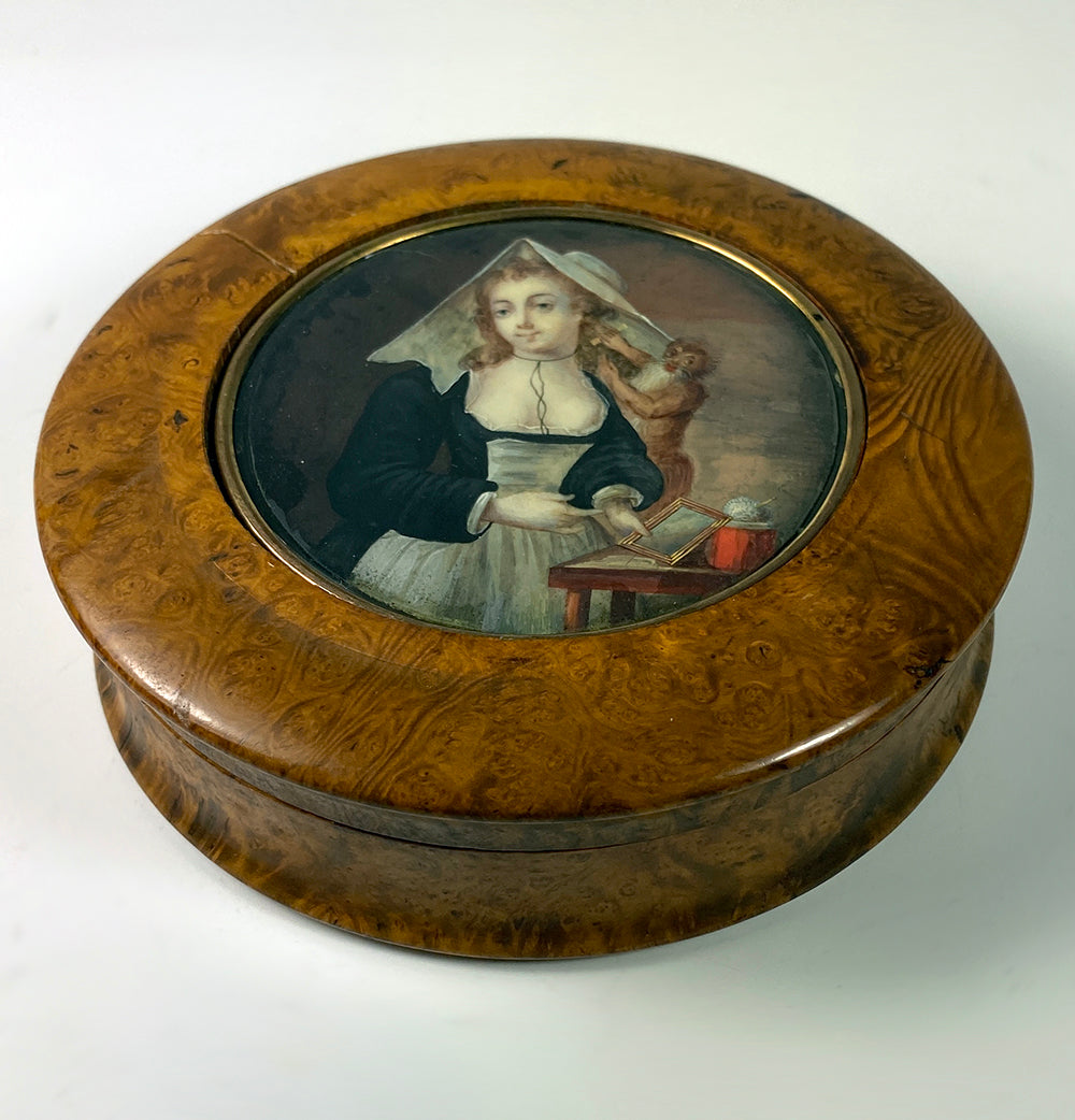 RARE Antique c.1780 French "Naughty" Portrait Miniature, Comtesse de la Mott and Pet Monkey, Snuff Box