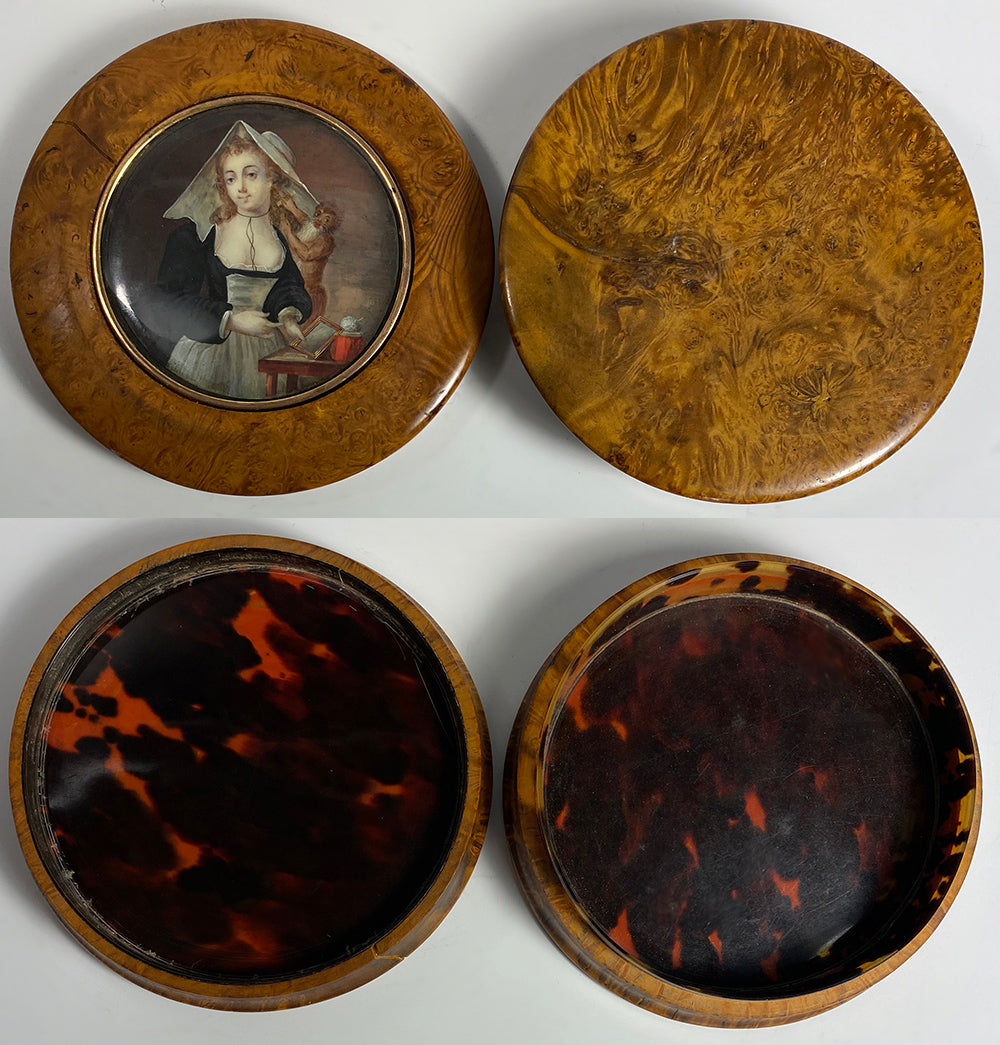 RARE Antique c.1780 French "Naughty" Portrait Miniature, Comtesse de la Mott and Pet Monkey, Snuff Box