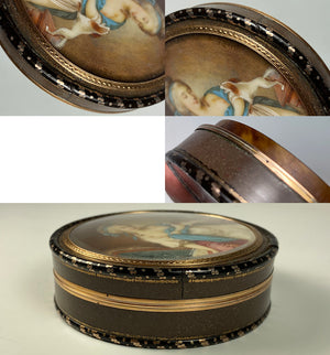 Antique c.1780s French Portrait Miniature "Naughty" Snuff Box, Signed, Joseph BOZE (1745-1824), 18k Gold, Vernis Martin