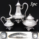 Elegant Antique French Sterling Silver 3pc Coffee or Tea Set, Aesthetic Palmettes