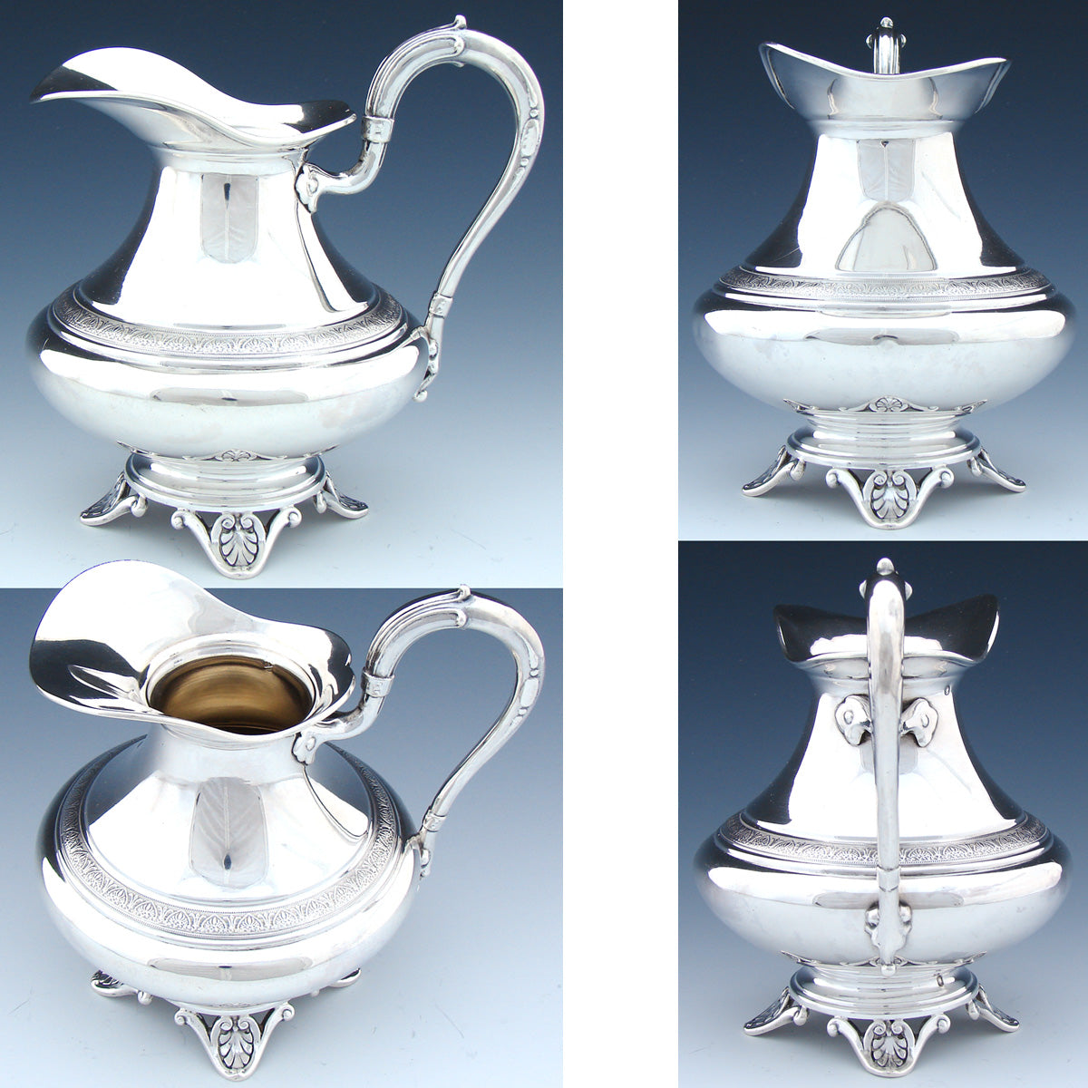 Elegant Antique French Sterling Silver 3pc Coffee or Tea Set, Aesthetic Palmettes