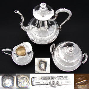 Elegant Antique French Sterling Silver 3pc Coffee or Tea Set, Aesthetic Palmettes